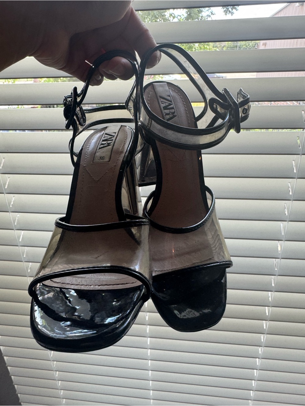 Zara Black Patent & Clear Strap Block Heels